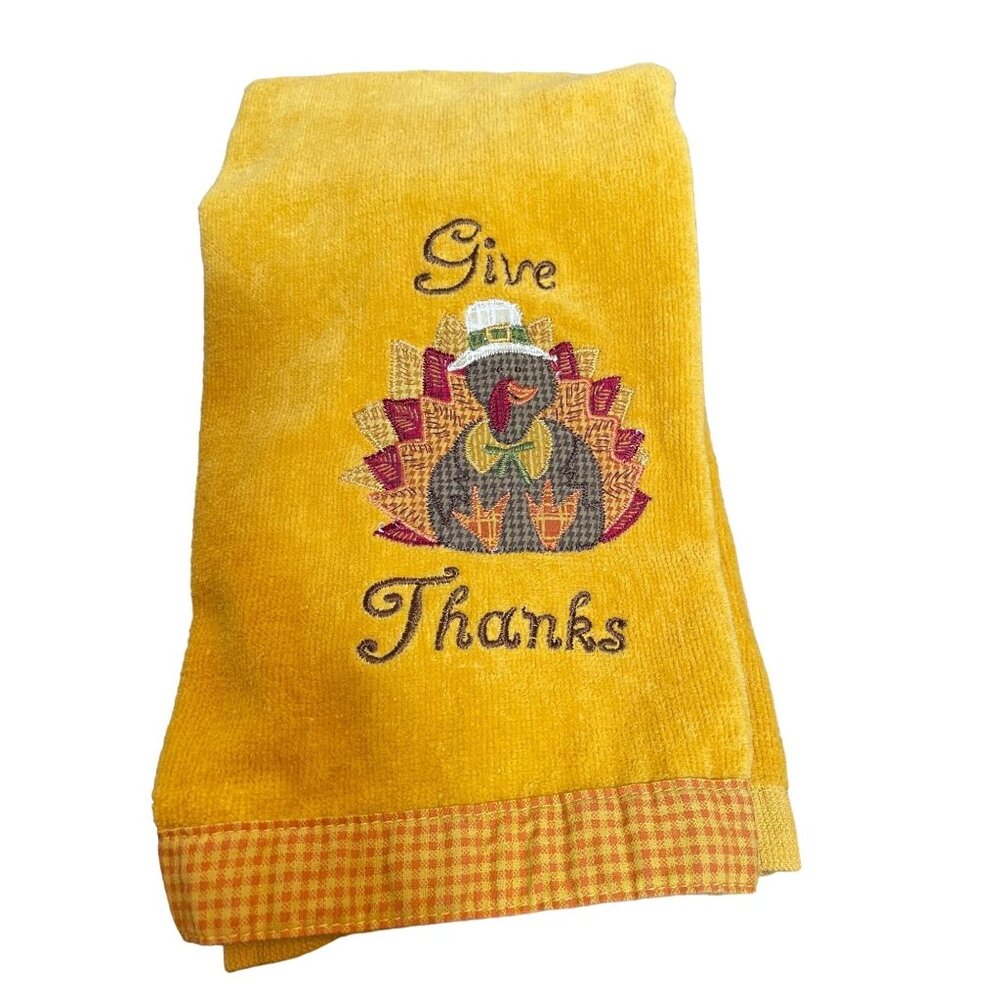 Thanksgiving Harvest Embroidered "Give Thanks" Yellow Kitchen Towel By Harvest
